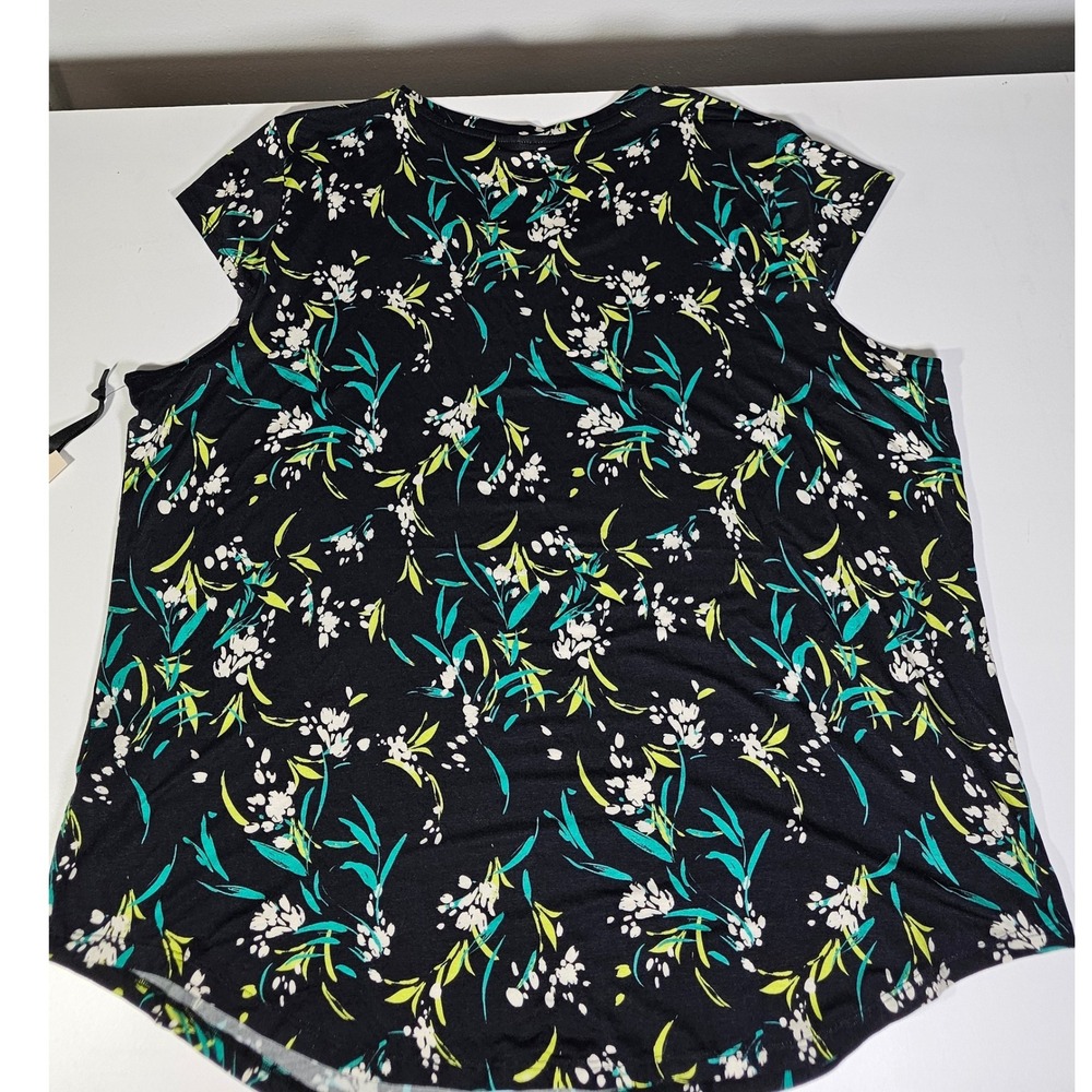 EMALINE WOMAN Floral Print Black Green White Short Sleeve Top Plus Size 2X - Picture 4 of 8